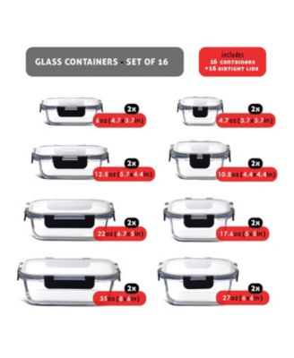 16 Airtight Leakproof Borosilicate Glass Food Storage Containers with Lids - Snap Lock Lids, Oven, Microwave &amp; Freezer Safe