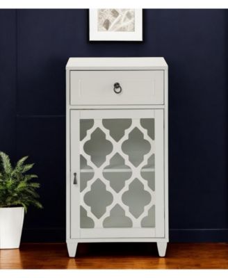 Fret Work Glass Door Cabinet with Decorative Accents and Storage