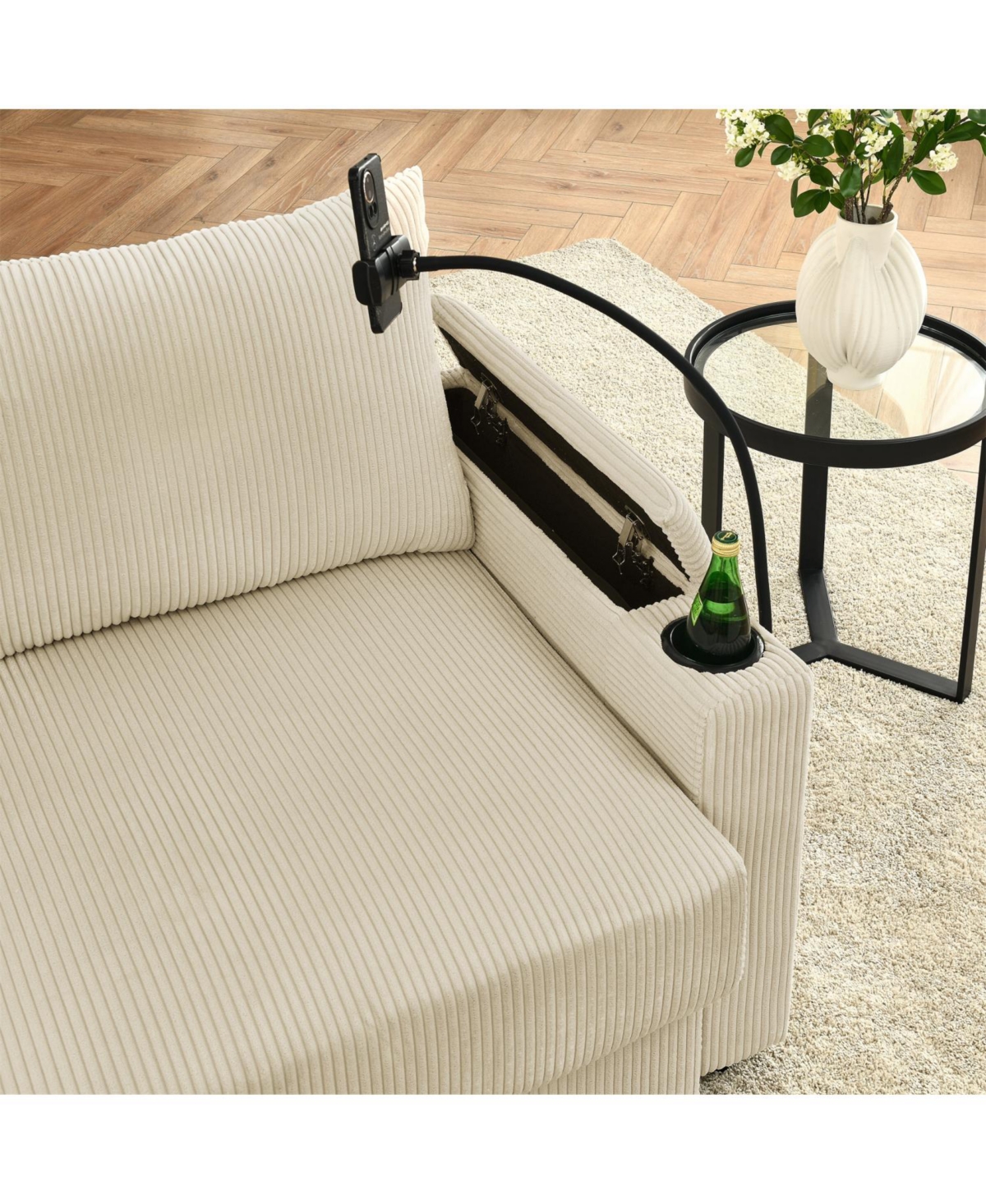 Streamdale Loveseat Sofa with Storage & Charging Ports for Living Room, Beige Corduroy