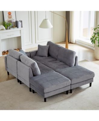 Streamdale 122.5" Oversized U-Shaped Sofa, Corduroy Fabric Sectional with Pillows & Ottomans, Grey