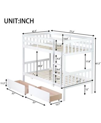 Streamdale Twin Bunk Bed with 2 Drawers, Convertible Twin Beds, Ladder, Guardrails, White