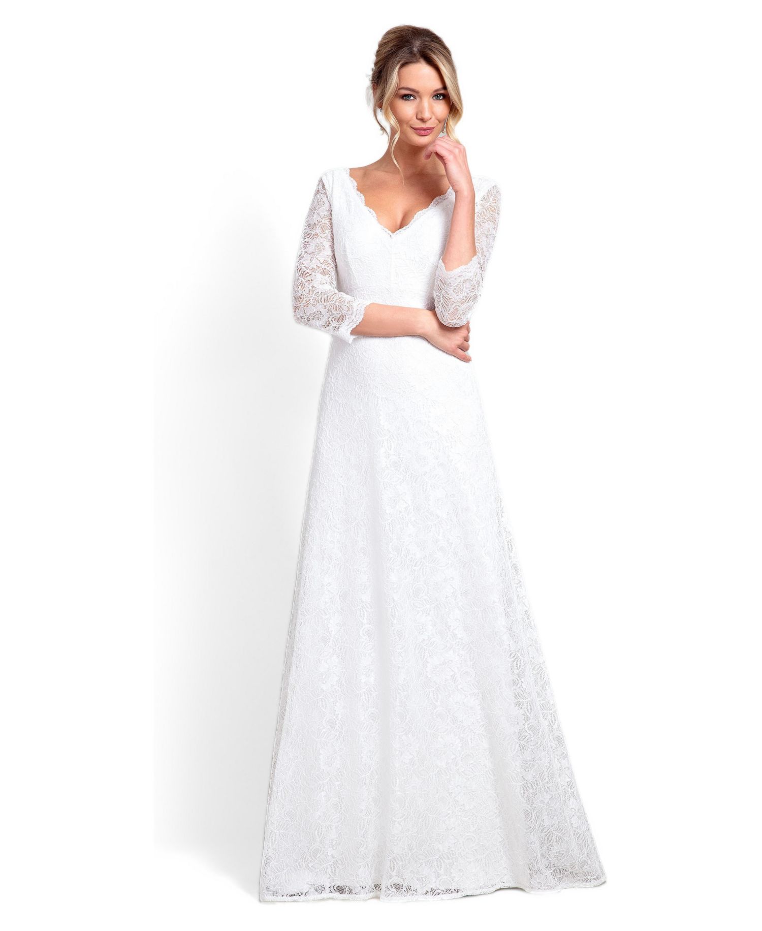 Women's Anya 3/4 Sleeve V-Neck Lace Bridal Gown