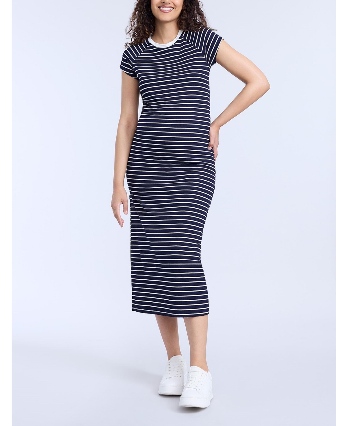 Maternity Rib Knit Short Sleeve Raglan Midi Dress - Motherhood - Peacoat  white stripe