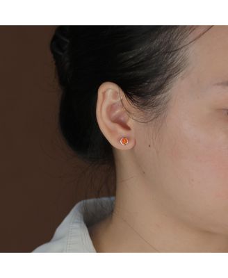 Classic Iridescence Bezel Setting Flat Round Circle Created Fire Opal Stud Earrings Plated .925 Sterling