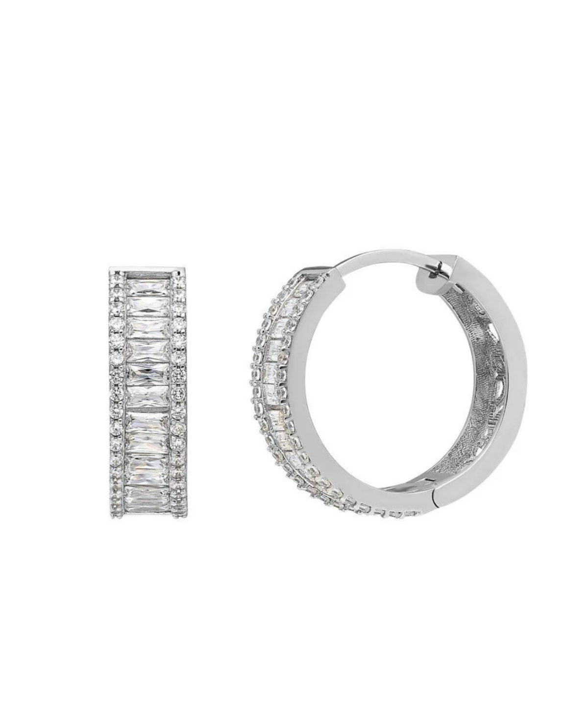 Baguette Cubic Zirconia Sterling Silver Pave Hoop Earrings - Silver