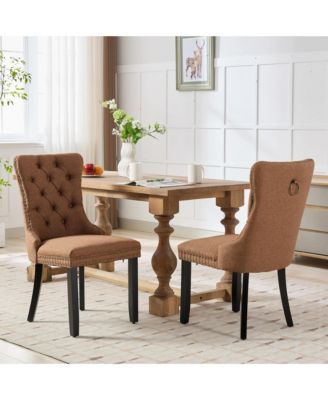 Nikki Tufted Upholstered Linen Dining Chair with Nailhead Trim, 2-Piece Set in Coffee