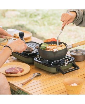 2 Burner Folding Camping Stove with Griddle, Portable Camp Isobutane Gas Stove with 16000 BTU Adjustable Burners & Piezo Ignition