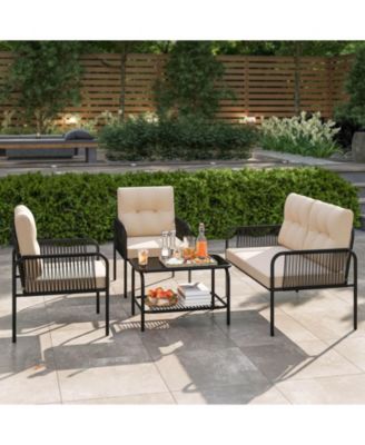 4 PCS Patio Furniture Set with Loveseat Tempered Glass Coffee Table & Soft Cushions
