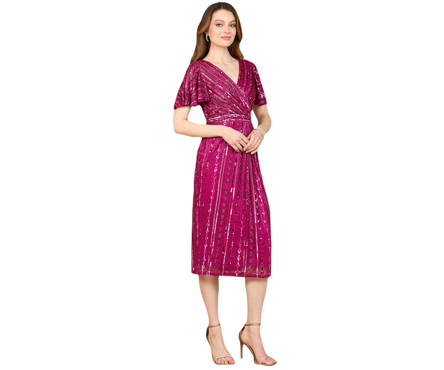 Женское платье Lara Beaded Midi Dress with Flutter Sleeves, цвет: Ягодный — фото 1