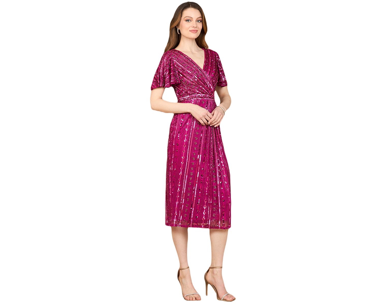 Women's Beaded Midi Dress with Flutter Sleeves
