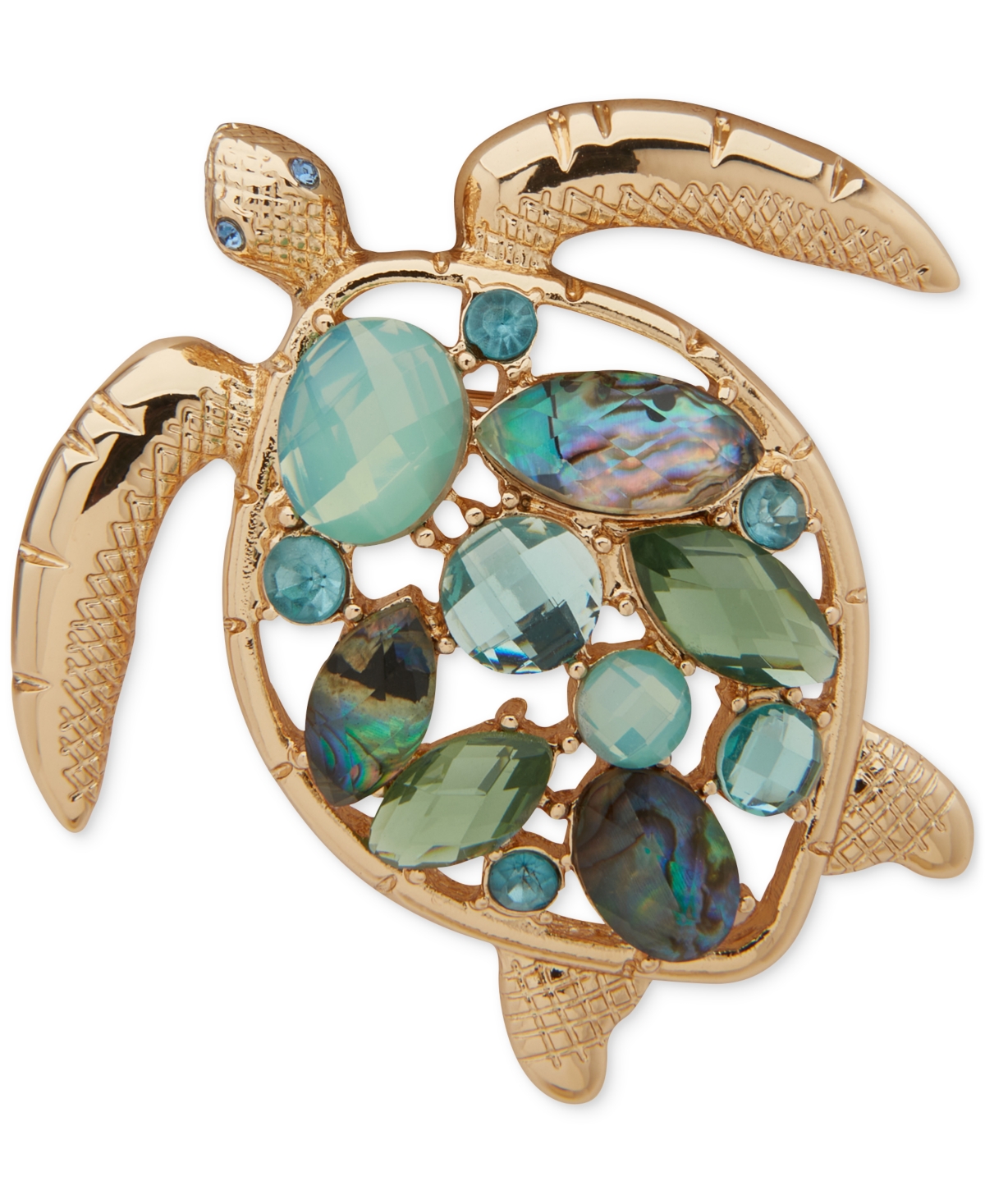 Gold-Tone Mixed Stone Sea Turtle Pin - Multi