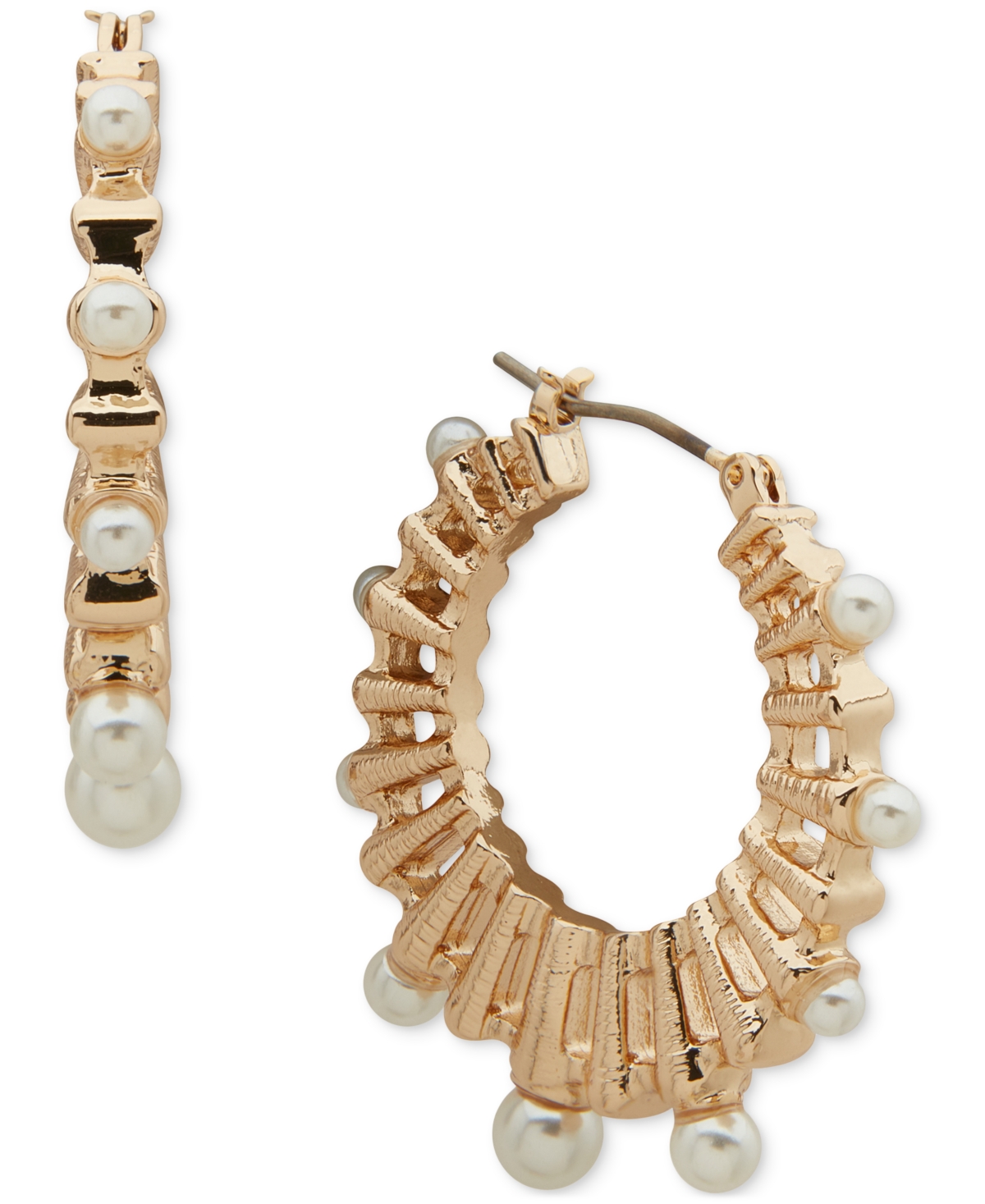 Gold-Tone Imitation Pearl Openwork Hoop Earrings - Pearl