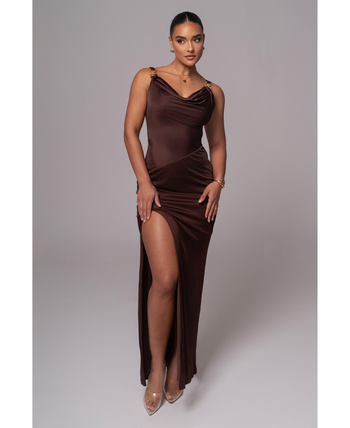 Women's Cowl Neck Chain Dress - Chocolate