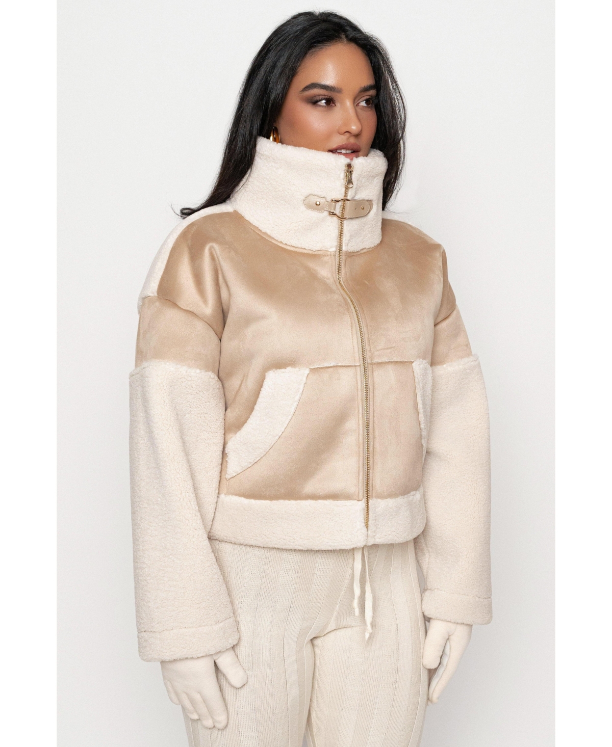 Women's Suede And Sherpa Jacket - Sand