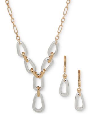 Anne Klein - Two-Tone Link Lariat Necklace & Drop Earrings Set