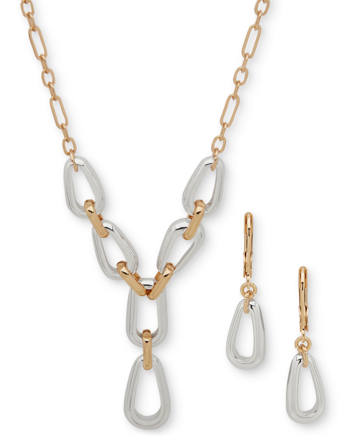 Two-Tone Link Lariat Necklace & Drop Earrings Set - T-Tone