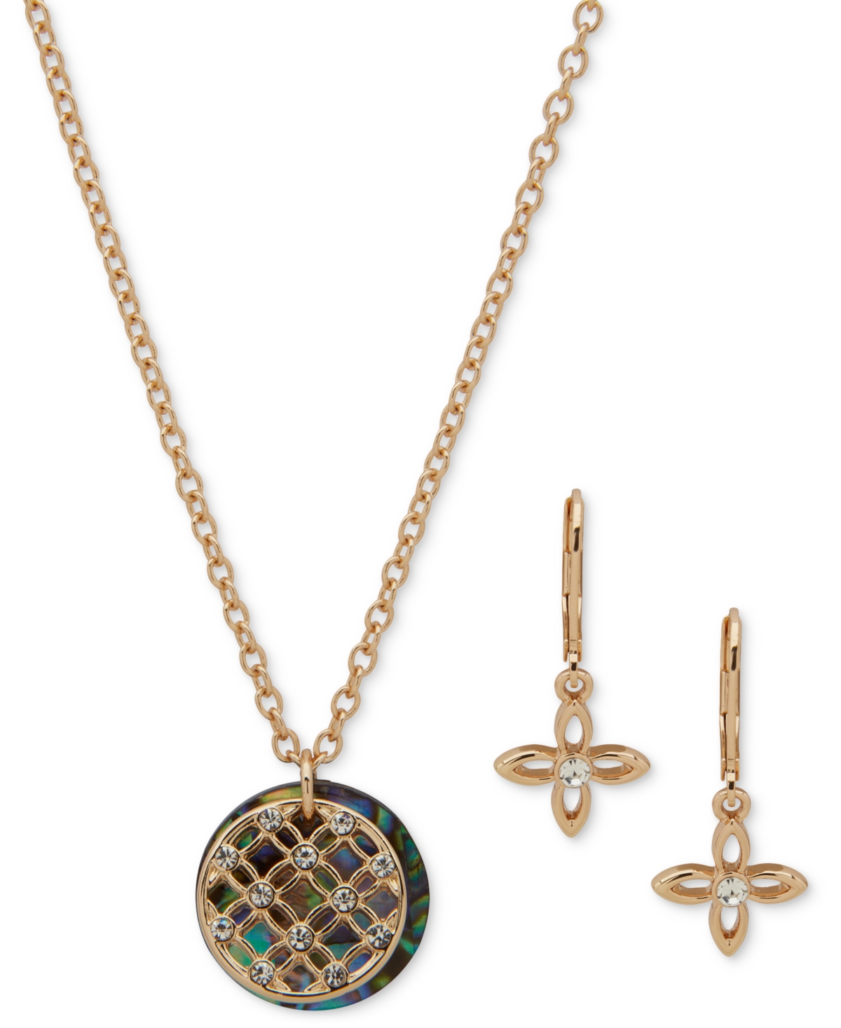 Gold-Tone Pave Filigree & Mother-of-Pearl Disc Pendant Necklace & Drop Earrings Set - Multi