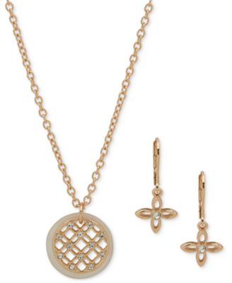 Anne Klein - Gold-Tone Pav&eacute; Filigree & Mother-of-Pearl Disc Pendant Necklace & Drop Earrings Set