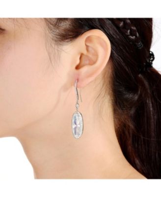 Sterling Silver White Gold Plating with Clear Cubic Zirconia Halo Dangle Earrings