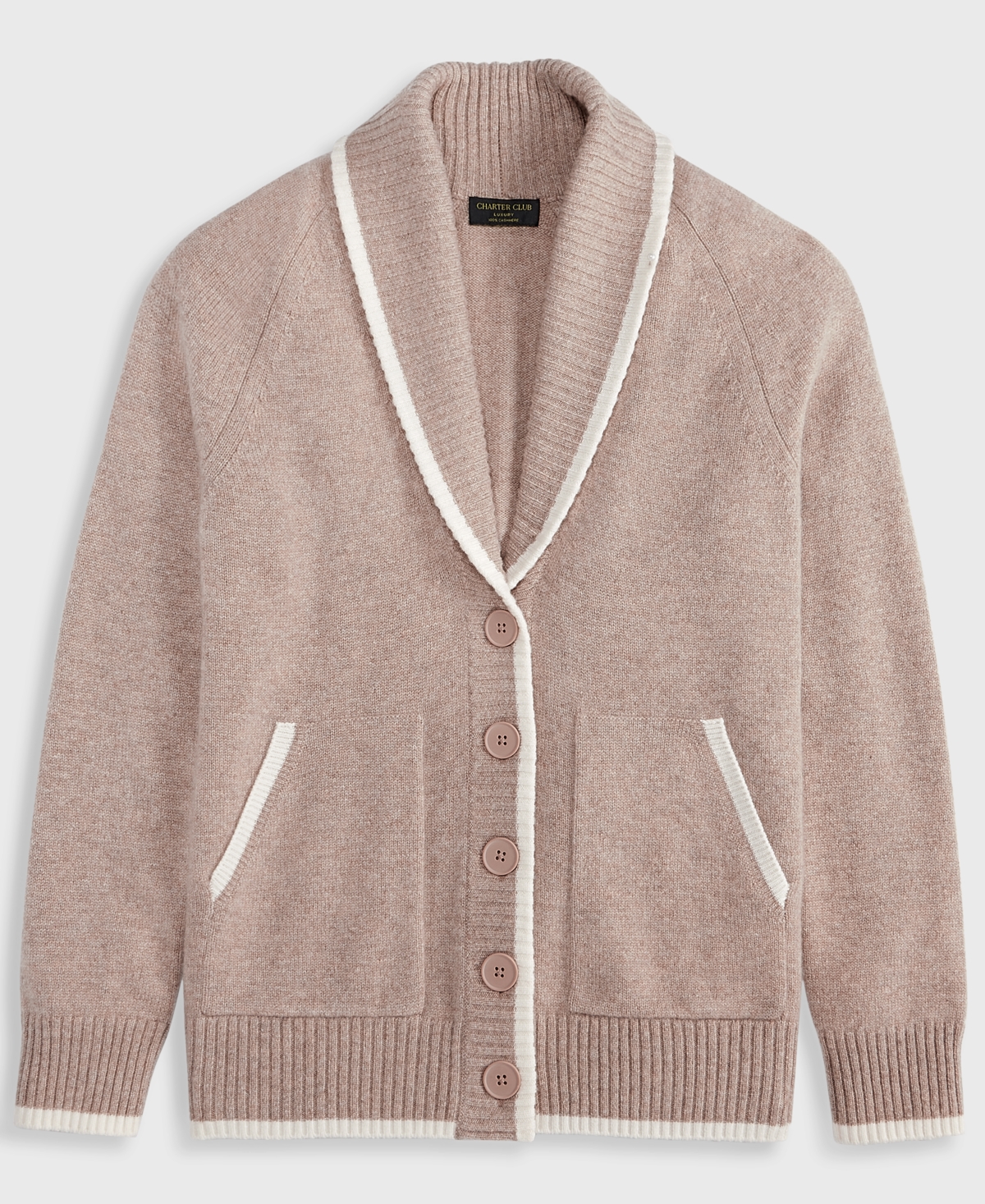 Charter Club Women's 100% Cashmere Tipped Shawl-collar Boyfriend Cardigan, Macy's Exclusive In Pink