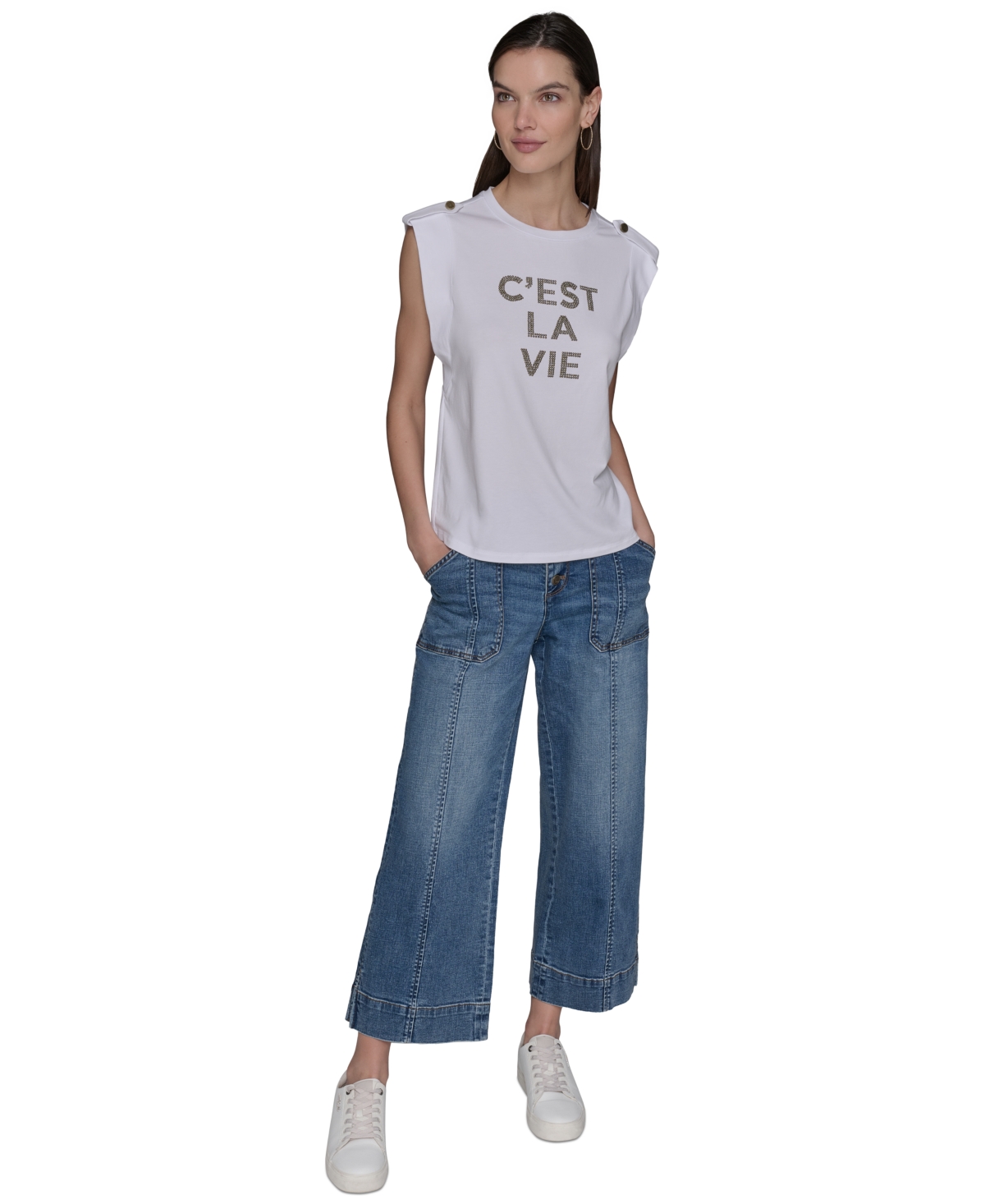 Karl Lagerfeld Plus Size C'est La Vie Extended-shoulder Top In White
