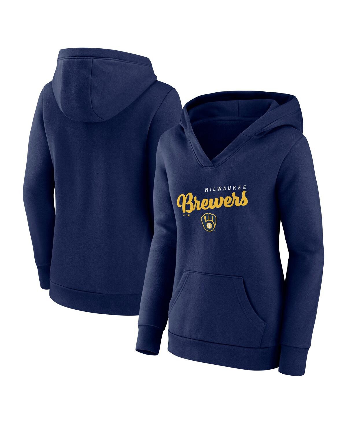 Women's Navy Milwaukee Brewers Logo Triumphant V-Neck Pullover Hoodie - Navy