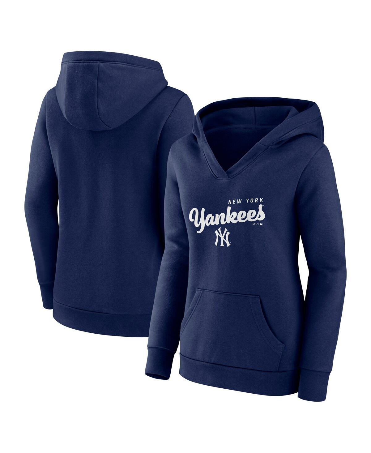 Women's Navy New York Yankees Logo Triumphant V-Neck Pullover Hoodie - Navy