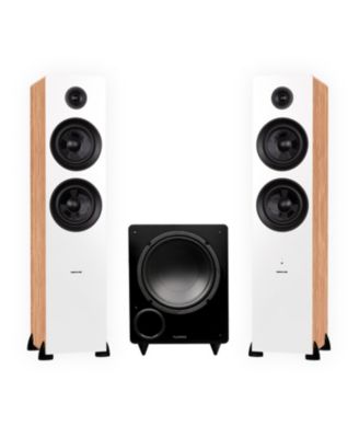 Ai81 Powered Floorstanding Speakers (Bamboo), DB10 10" Powered Subwoofer (Black), 15ft RCA Subwoofer Cable
