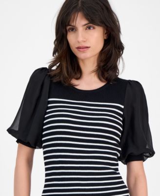 Women's Striped Puffed-Sleeve Ribbed Top