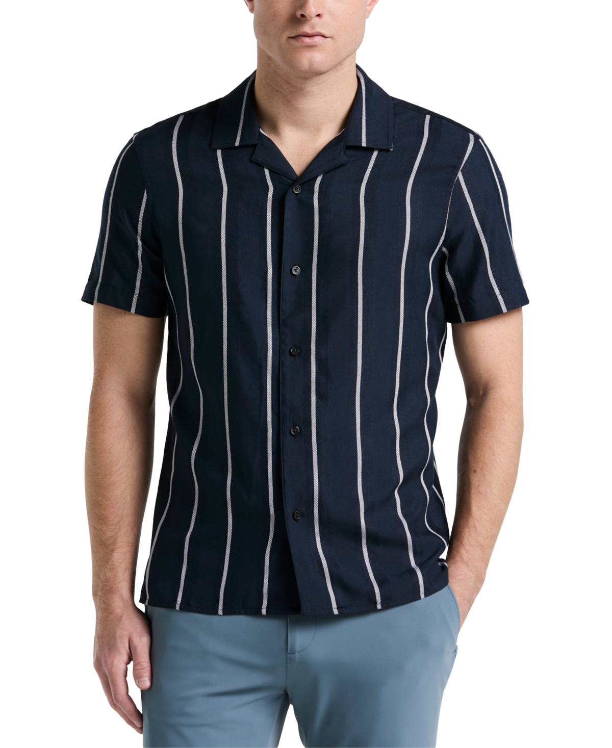 Men's Short Sleeve Striped Button-Front Camp Shirt - Dark Sapphire