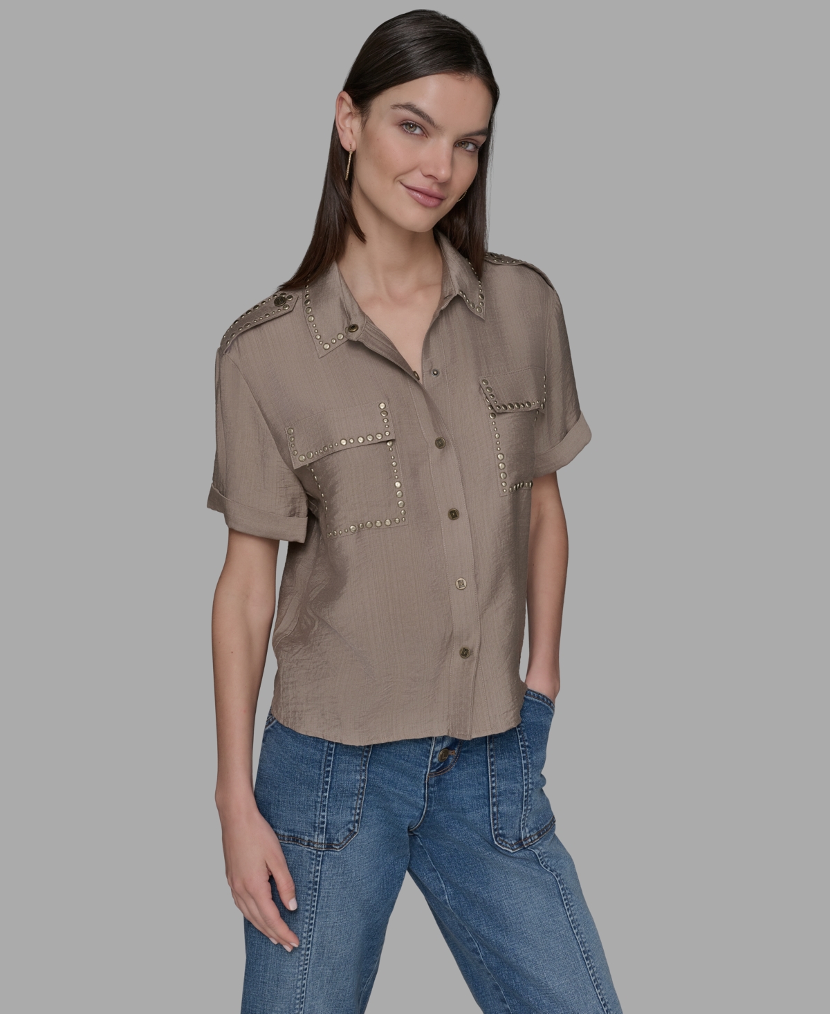 Petite Textured Studded Blouse - Truffle