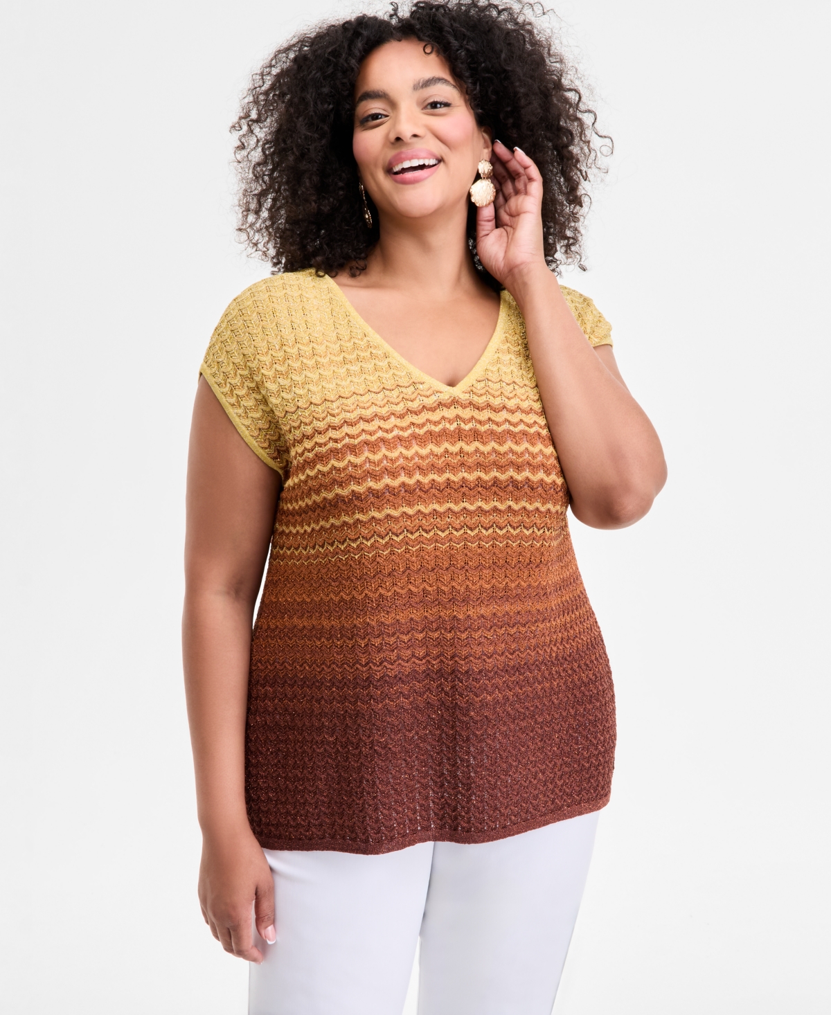 Plus Size Ombre V-Neck Sweater, Exclusively at Macy's - Orange Yellow Combo