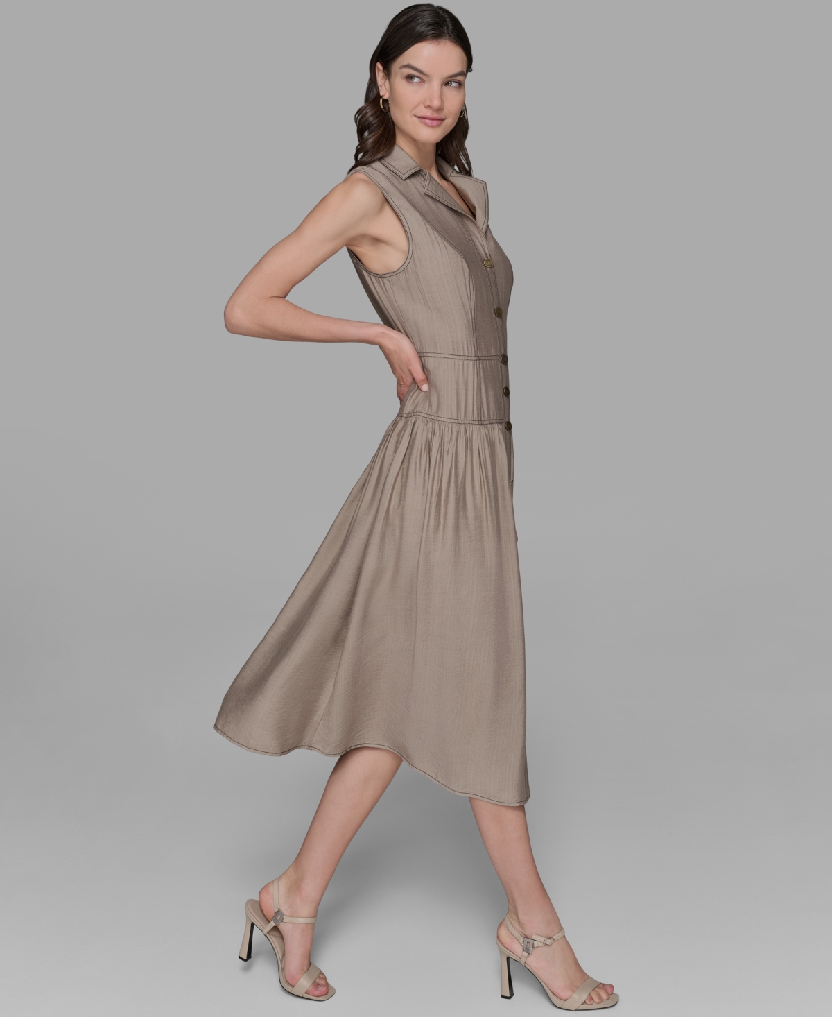 Karl Lagerfeld Petite Notched Collar Sleeveless Midi Shirtdress In Brown