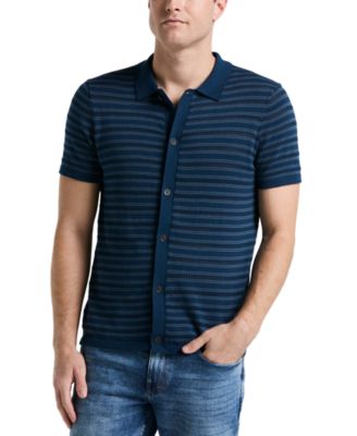 Perry Ellis - Men's Jacquard Multicolor Short Sleeve Striped Button-Front Sweater