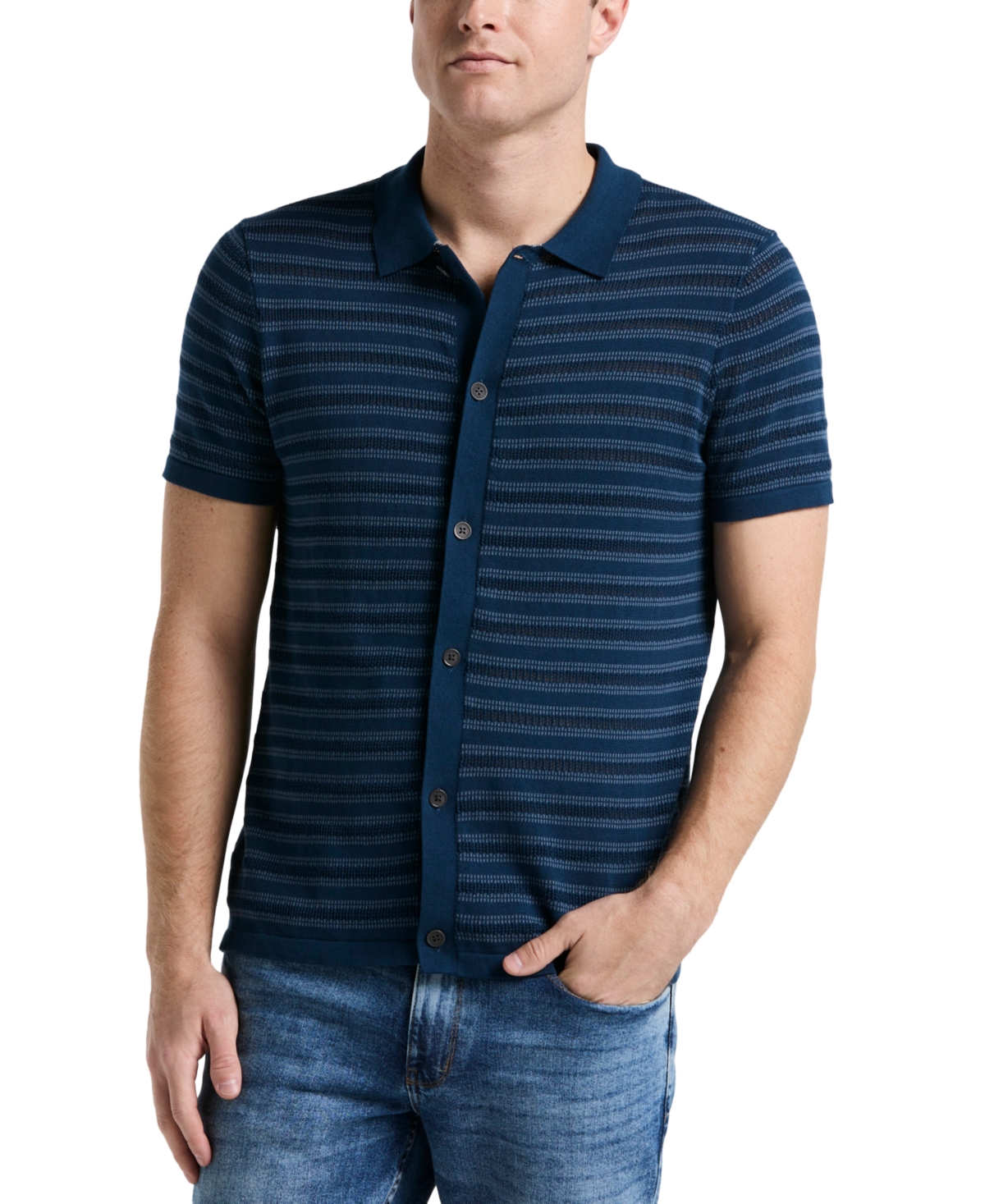 Men's Jacquard Multicolor Short Sleeve Striped Button-Front Sweater - Blue Wing Teal