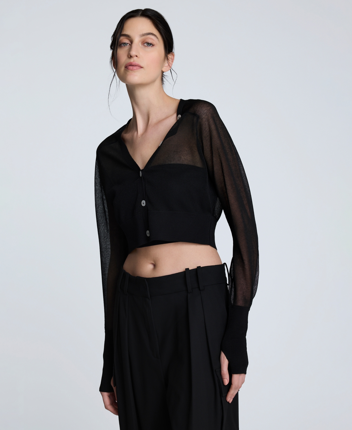Women's Sheer Saddle-Shoulder Cropped Cardigan - Black