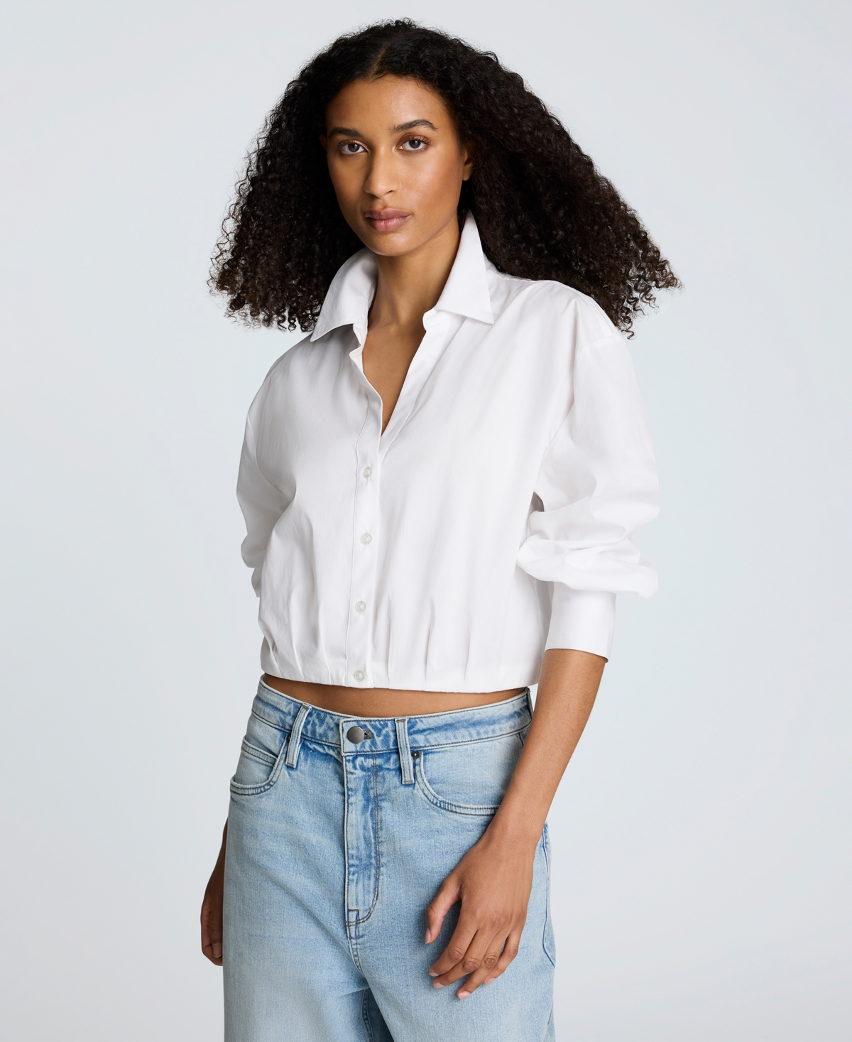 Women's Button-Front Long-Sleeve Cropped Shirt - Pure White