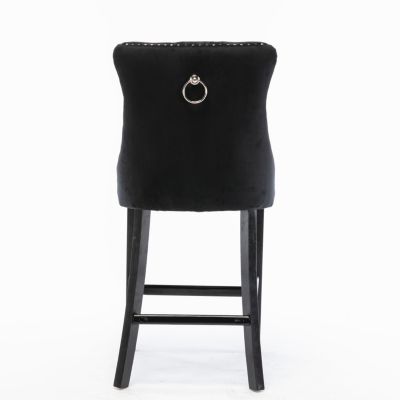 Contemporary Tufted Velvet Barstools with Wooden Legs (Black), Set of 2