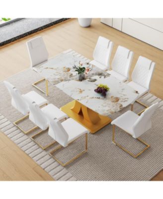 Pandora Glass Dining Set 71" Table & 8 White PU Chairs