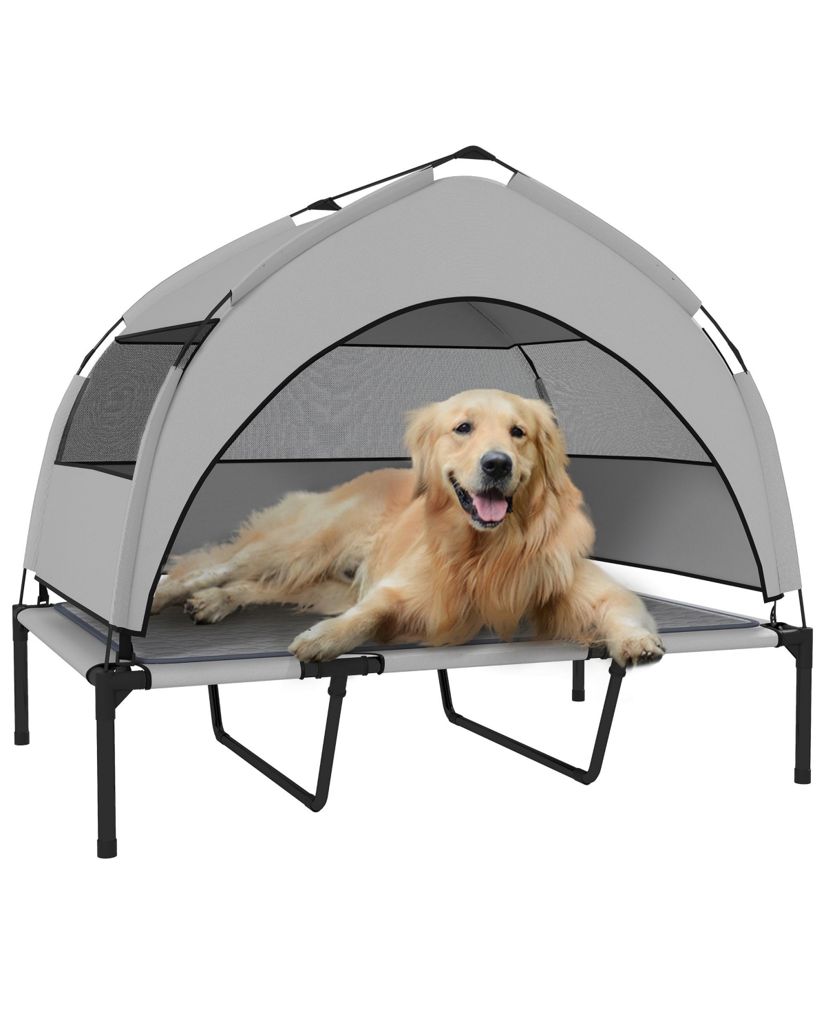 Elevated Dog Bed, Portable Raised Pet Bed with Canopy, Bag, 42&#x22;L - Light gray