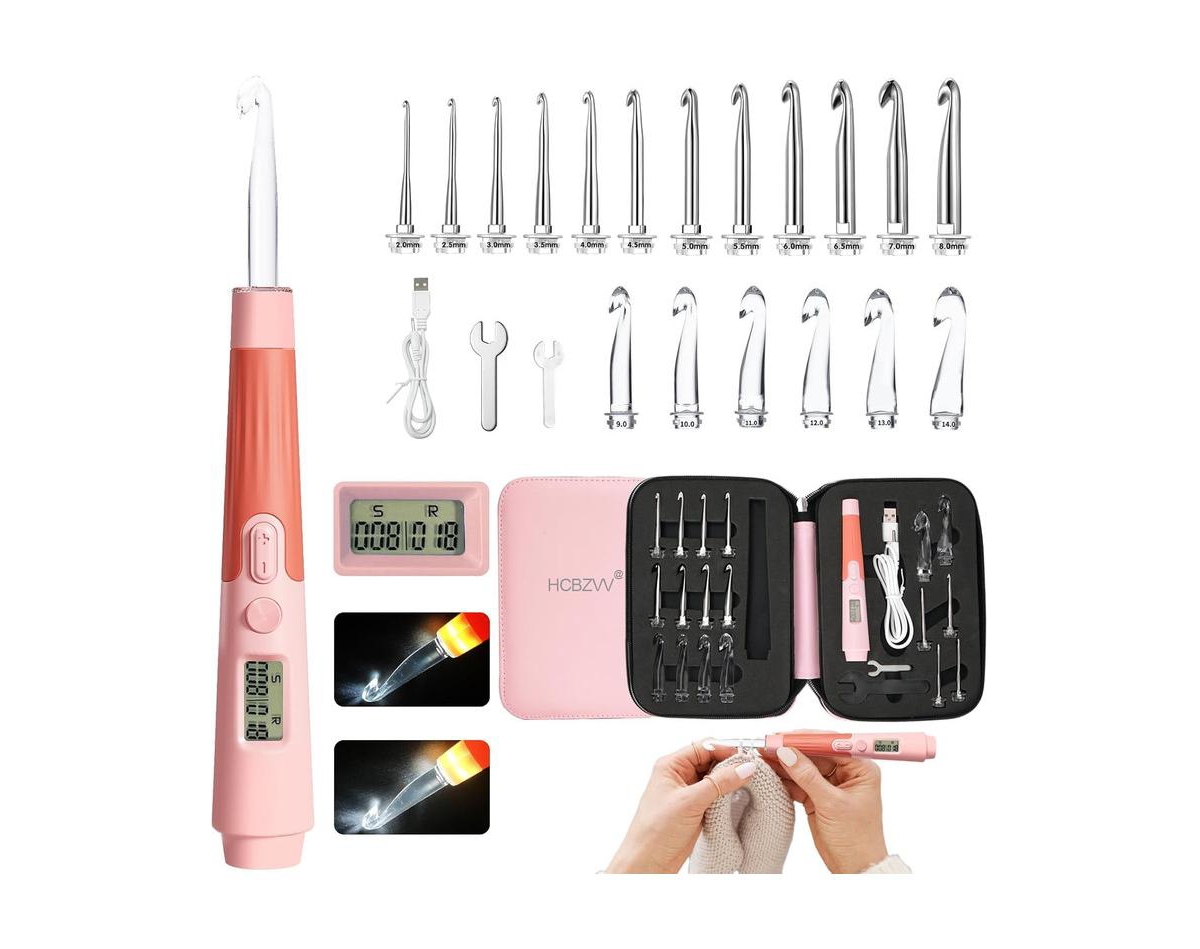 Rechargeable Lighted Crochet Hook Set with Stitch Counter, 22 Interchangeable Metal Heads, Ergonomic Handle &#x2013; Gift for Knitters
