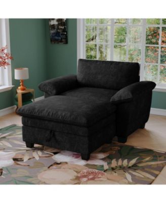 51" Black Chenille Chaise Lounge with Ottoman & Storage