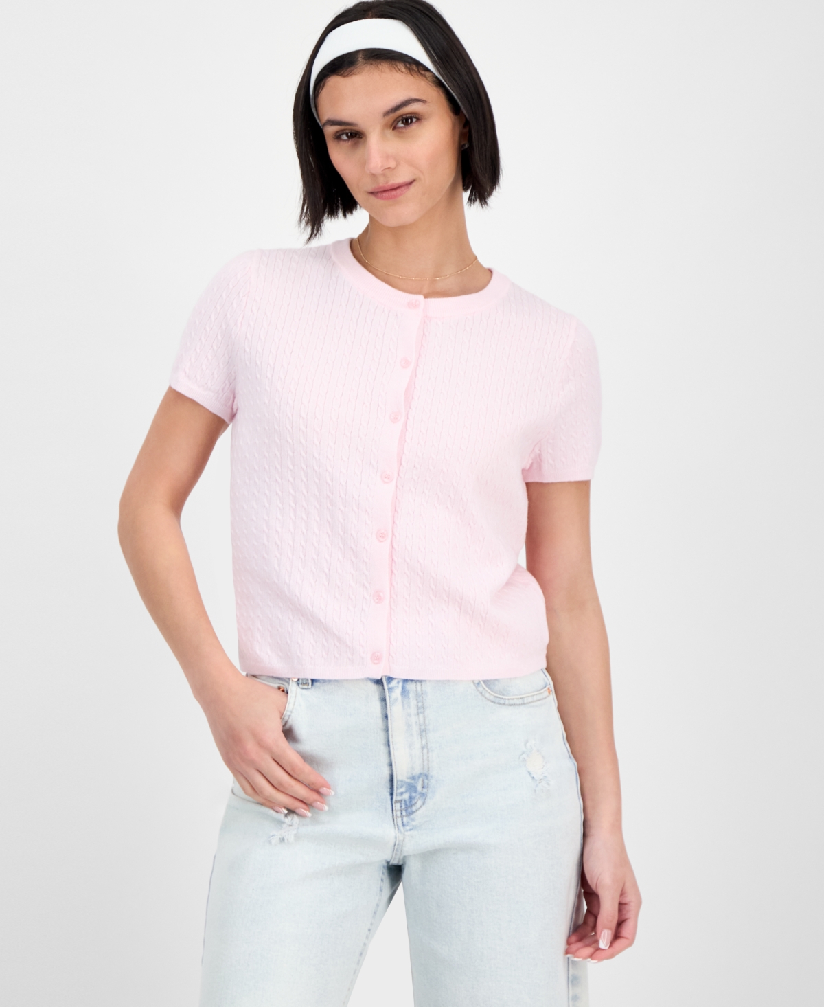 Freshman Juniors' Short-sleeve Crewneck Cable-knit Sweater In Pink