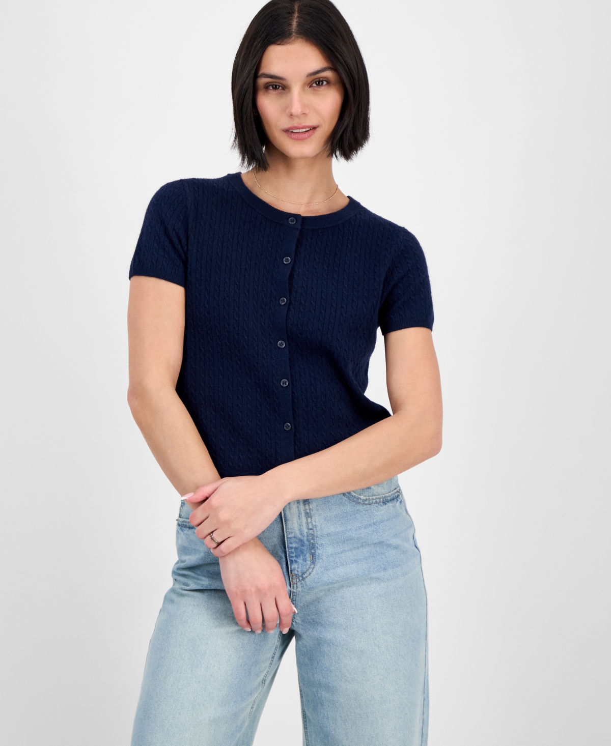 Freshman Juniors' Short-sleeve Crewneck Cable-knit Sweater In Blue