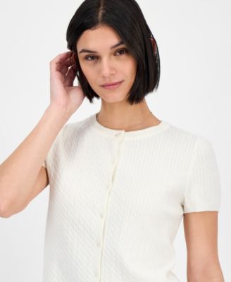 Juniors' Short-Sleeve Crewneck Cable-Knit Sweater