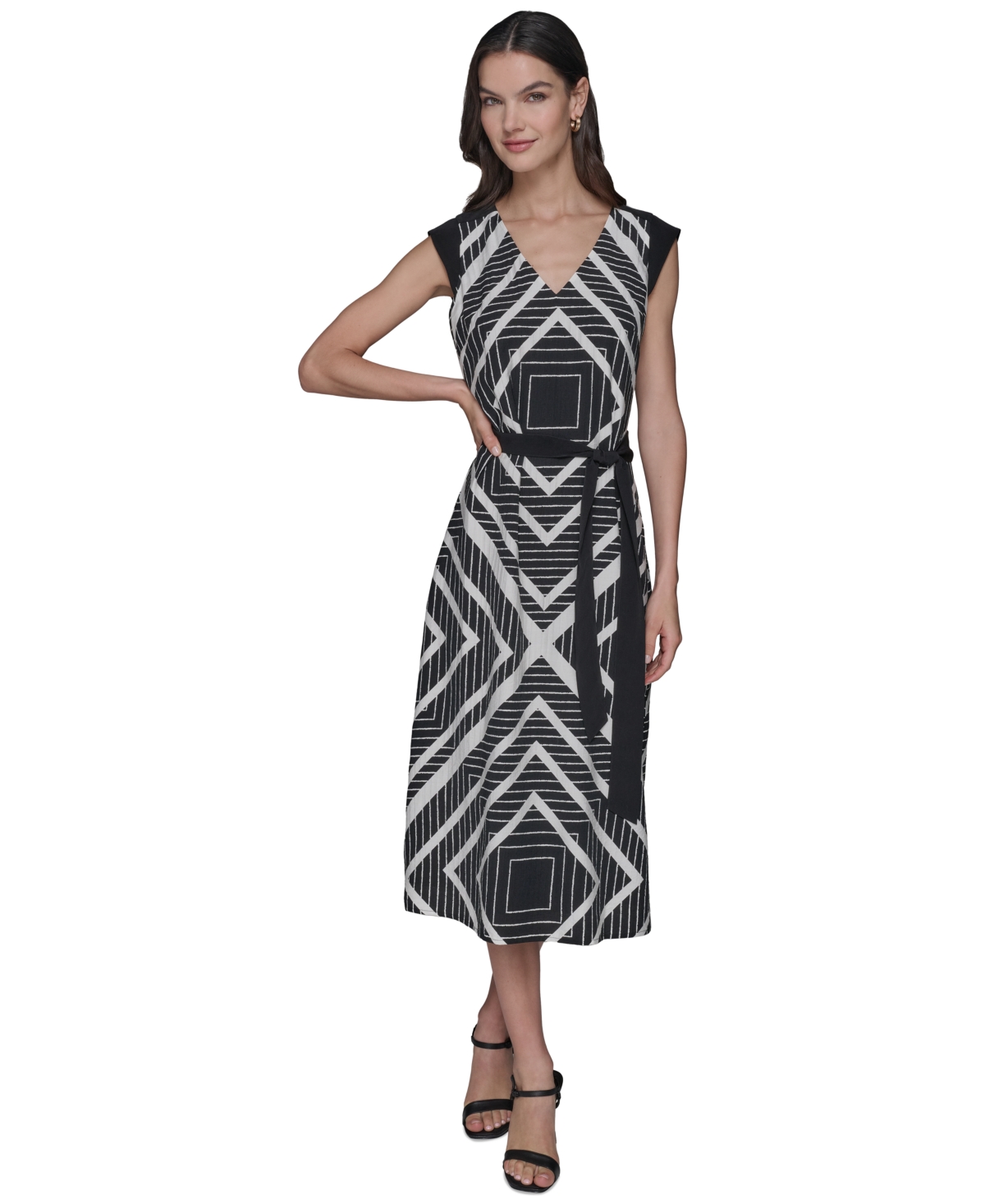 Karl Lagerfeld Paris Women's Geo-Print Belted V-Neck Midi Dress