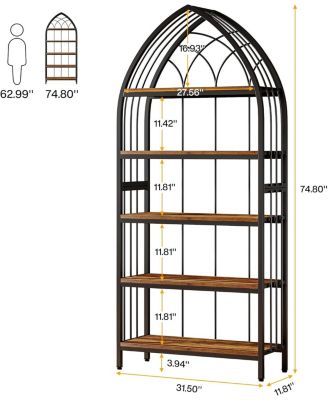 Tall Bookshelf, Industrial Curved Freestanding Display Shelf, Wood Storage Shelves with Metal Frame for Living Room
