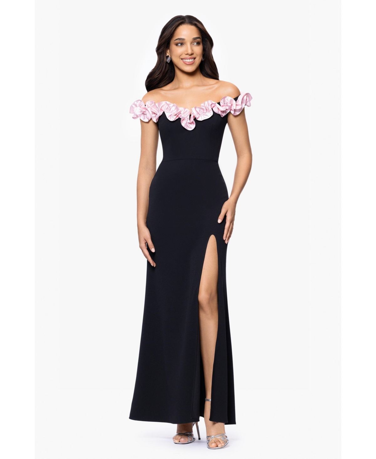 Blondie Nites Juniors' Off-the-shoulder Ruffled Evening Gown In Black