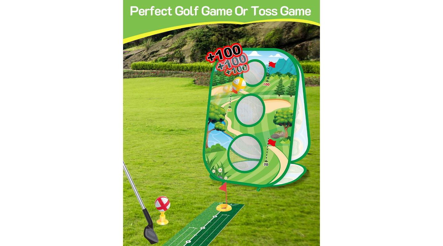 Детские игрушки TITQWOP 4-in-1 Sticky Golf Games Set with Putting Mat, Chipping Net & Cornhole Board, Ages 4+ — фото 3