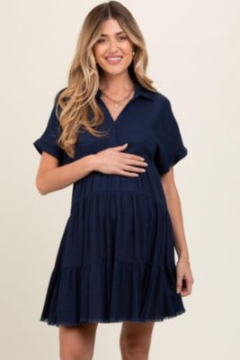 Maternity Navy Tiered Linen Dress